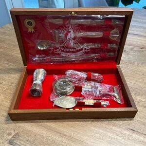 Vintage Mid Century MCM 9 piece Barware set‎ with wooden storage box Thailand